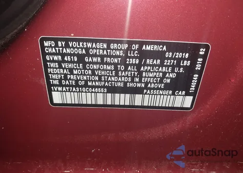 2016 Volkswagen Passat 1.8T S from USA, damaged, VIN 1VWAT7A31GC046553